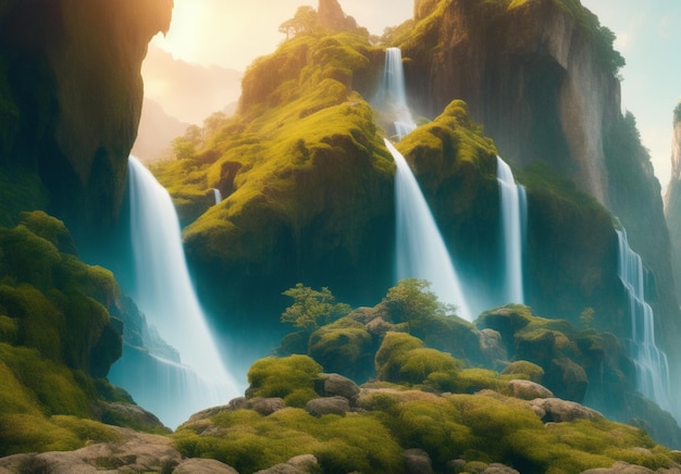 landscape of waterfalls in mountains in a calm and peaceful biome