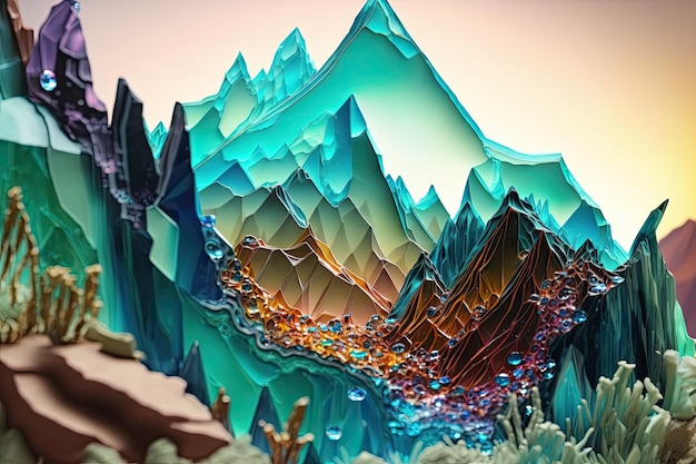 Landscape waterfalls and mountains made from carnival glass