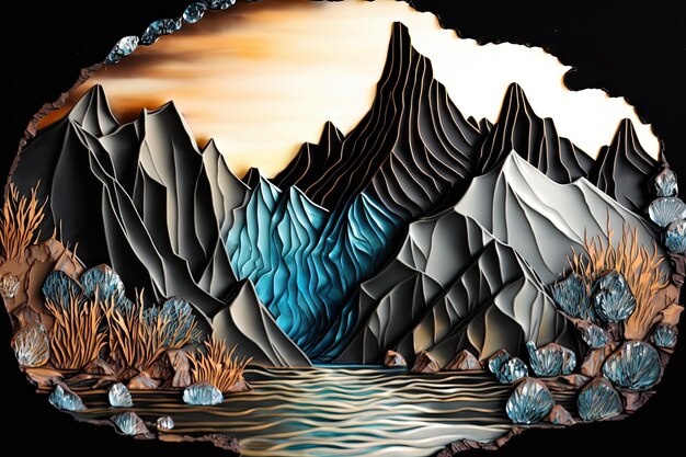 Photo landscape waterfalls and mountains made from carnival glass