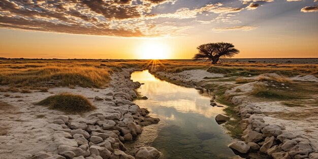 Пейзаж и водоем во время захода солнца в национальном парке Этоша, Намибия, Африка