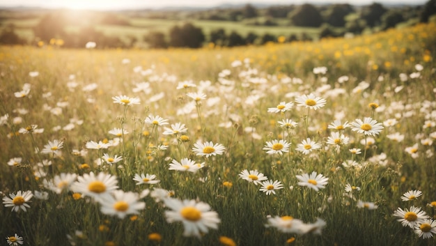 Foto paesaggio di margherite bianche nei bellissimi campi di riso con il sole che splende nella prateria