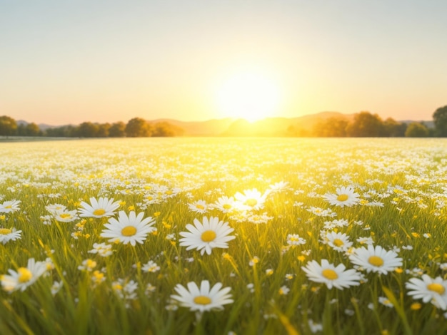 The landscape of white daisy blooms in a field with the focus on the setting sun