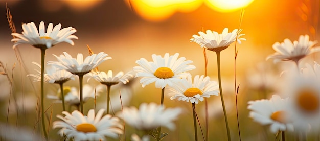 The landscape of white daisy blooms in a field with the focus