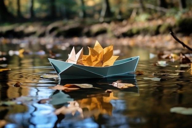 Фото Пейзаж с бумажной лодкой, идущей вниз по реке, сухие листья на поверхности воды