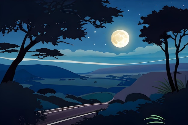 Photo landscape with acacia trees at night vector cartoon illustration of african savanna with full moon