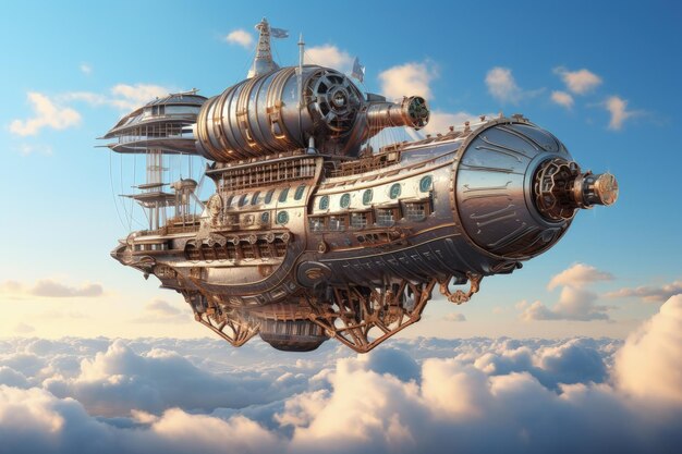 Foto paesaggio con dirigibile nel cielo con nuvole in stile steampunk ai generativa