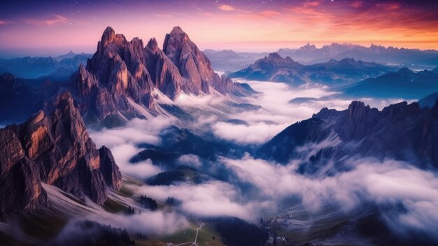 アルプス山脈の山谷と星空の風景 ドロミット山脈 イタリア ジェネレーティブAI