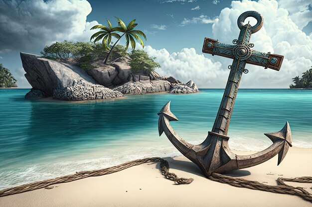 Landscape with an anchor on the beach of a paradise island Generative AI