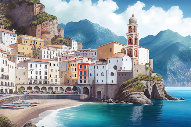 Landscape with Atrani town at famous amalfi coast Generative Ai