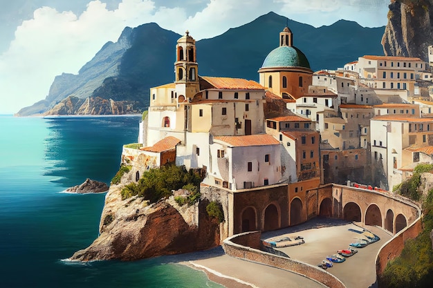 Landscape with Atrani town at famous amalfi coast Generative Ai