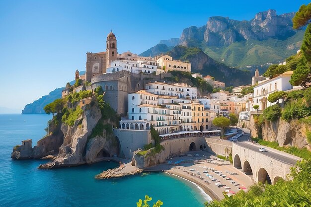 Landscape with Atrani town at famous amalfi coast Italy