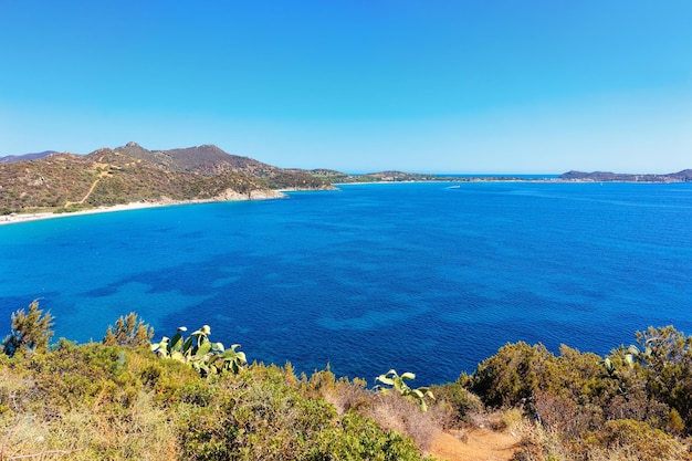 Paesaggio con spiaggia nel mar mediterraneo a villasimius a cagliari in sardegna in italia in estate. vista sulla spiaggia sarda in sardegna. piante di cactus verdi.