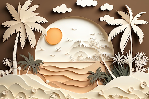 Landscape with beach sea coconut trees and sunset Generative AI