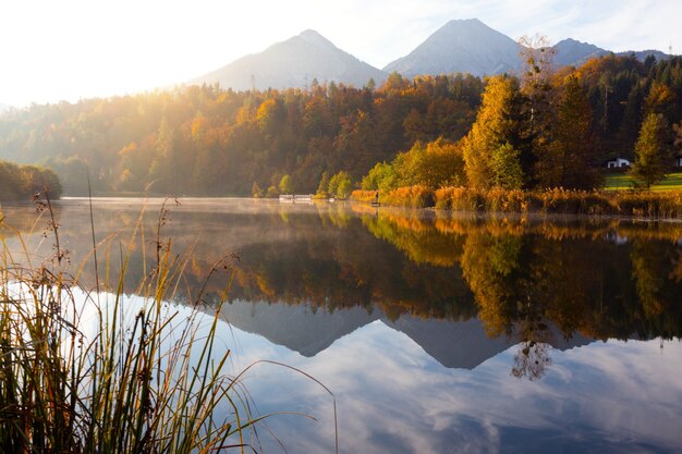 反射のある美しい山の湖のある風景。秋