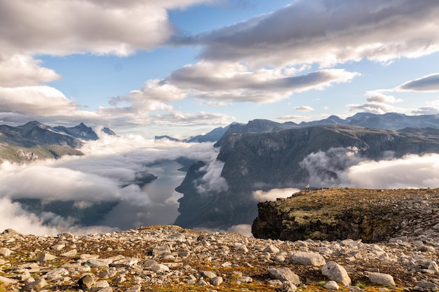 Landscape with beautiful Norway fjord Eikesdalen morning view from birds eye