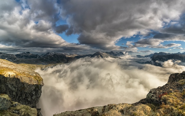 Landscape with a beautiful Norwegian fjord Eikesdalen in the early morning, with cloudscape.