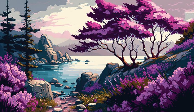 Landscape with beautiful purple flowers