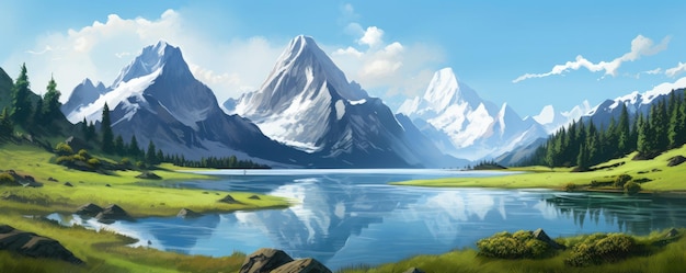 Пейзаж с горами большой формы и голубым большим чистым озером, красочная панорама