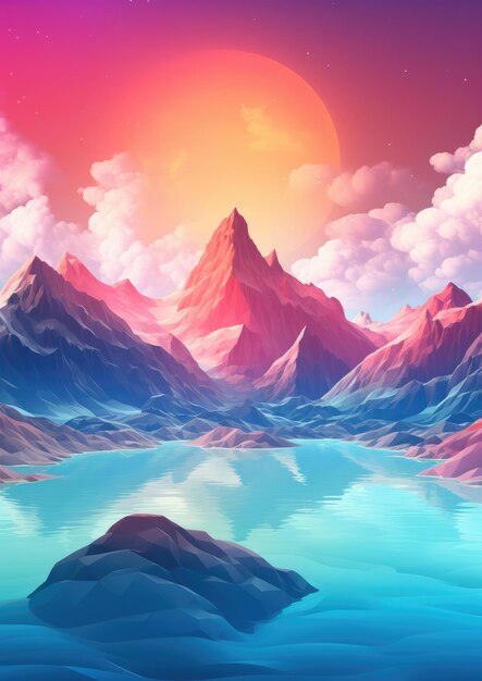 Landscape with big shaped mountains and blue large clean lake wallpaper generative ai