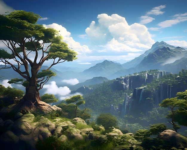 landscape with big tree in the mountains 3D rendering