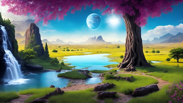 a landscape with a blue planet in the background