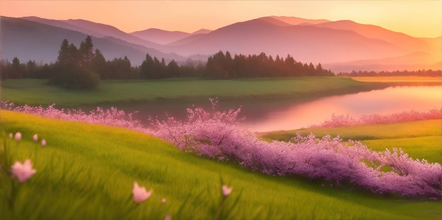 Пейзаж с ярко-розовыми цветущими цветами