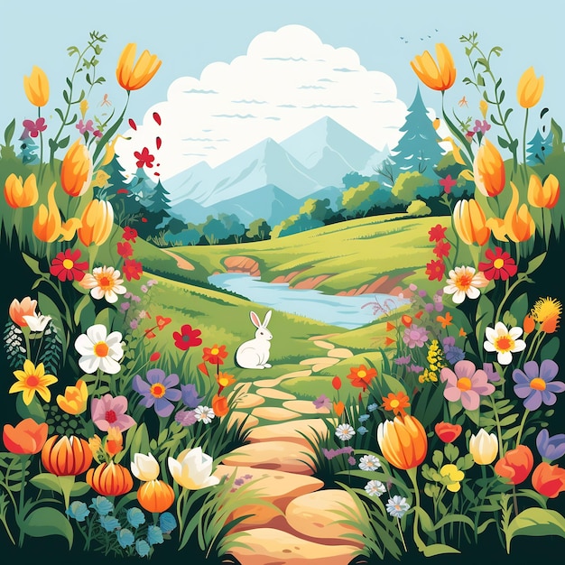 a landscape with a bunny and a pond