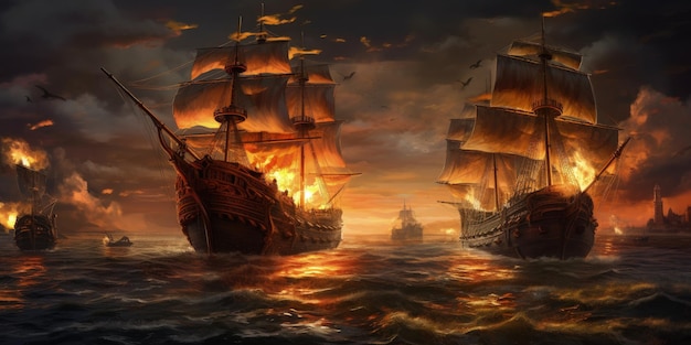 Landscape with burning pirate ships battling in the sea Generative AI