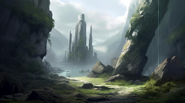 A landscape with a castle in the middle of a mountain.