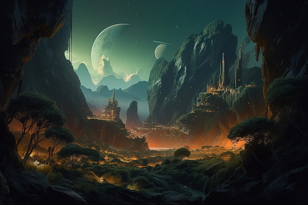 A landscape with a castle and a planet