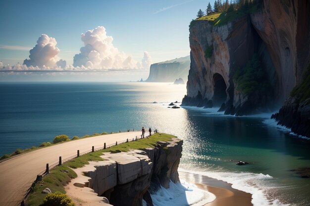 A landscape with a cliff and a beach and a cliff with a view of the ocean