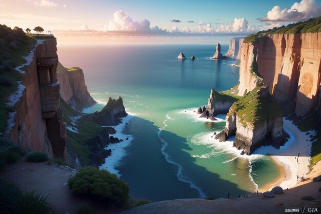 A landscape with a cliff and ocean in the background.