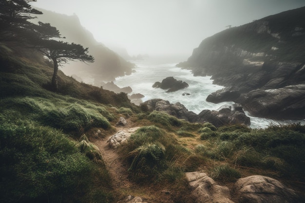 A landscape with a cliff and a river in the distance