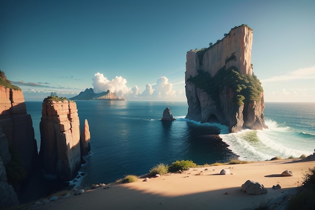 A landscape with a cliff and a sea