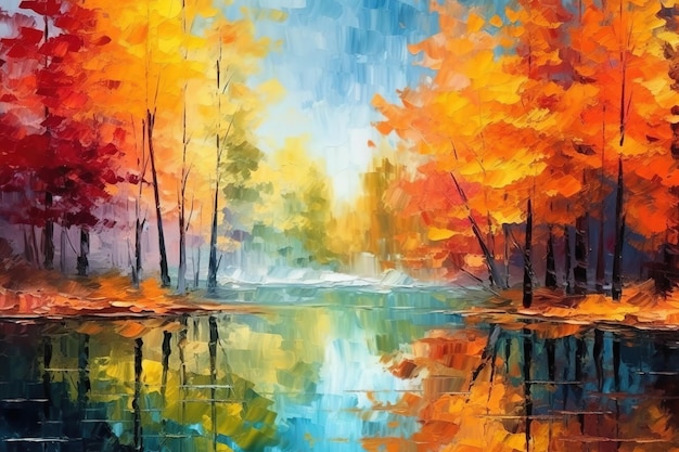 Landscape with colorful autumn forest near the lake Oil painting in the style of impressionism Generative AI