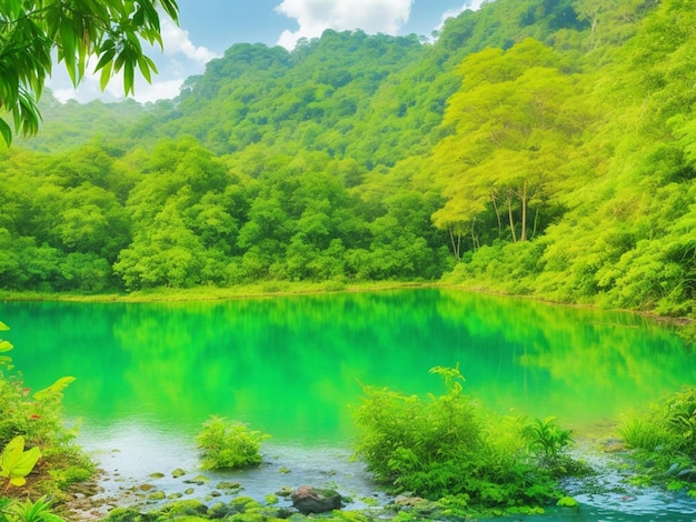 정글에서 다채로운 호수와 나무가 있는 풍경 열대 식물 자연 개념