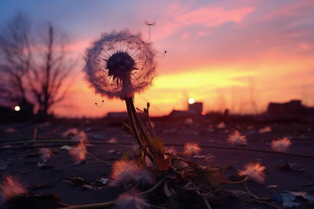 Landscape with dandelion field and sunset bokeh background Generative AI