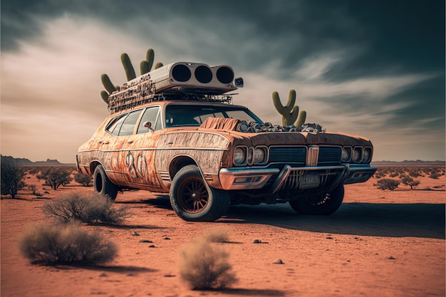 Landscape with deteriorated and rusty custom car in the desert mad max style Generative AI