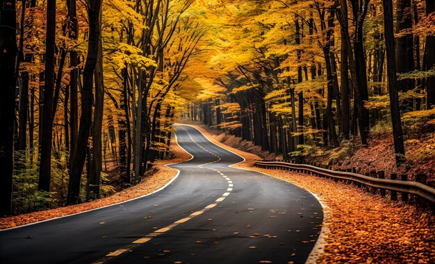 Landscape with an empty paved road through a fall forest