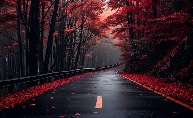 Landscape with an empty paved road through a forest of red foliage