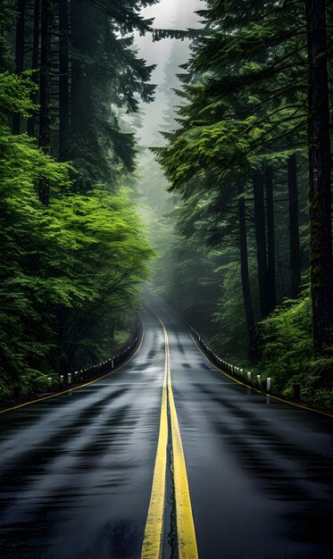 Photo landscape with an empty paved road through the forest