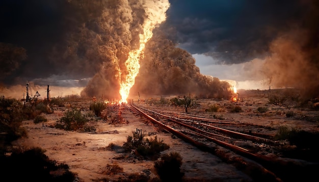 Landscape with an explosion on the railroad Desert night