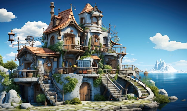 Пейзаж со сказочным домом в мультяшном стиле Селективный мягкий фокус