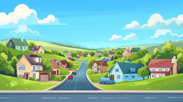 초록색 언덕을 배경으로 길 위에 차들이 줄지어 서 있는 가정집과 함께 한 풍경, 오두막집이 있는 교외 또는 마을 거리의 현대적인 만화 일러스트레이션