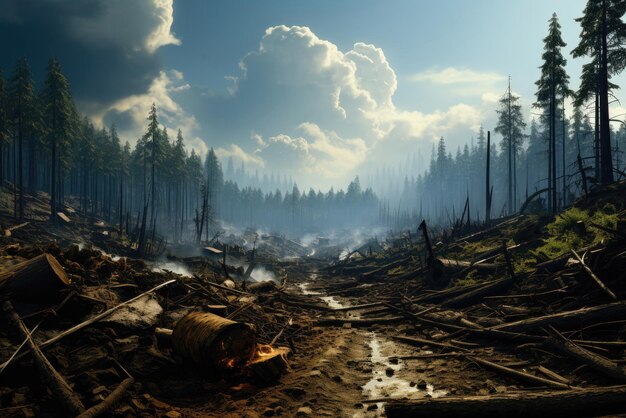 Landscape with felled trees in the forest Deforestation