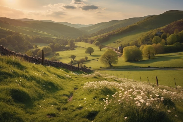 A landscape with a fence and a fence with a fence in the foreground.