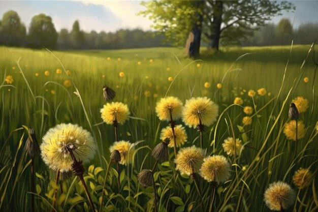 Landscape with field of dandelions sky and forest in background nature Generative AI