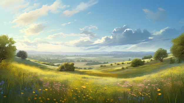 A landscape with a field of flowers and a cloudy sky