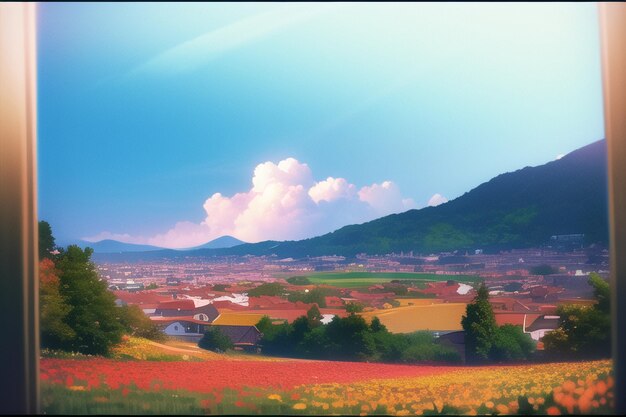 A landscape with a field of flowers and a mountain in the background.