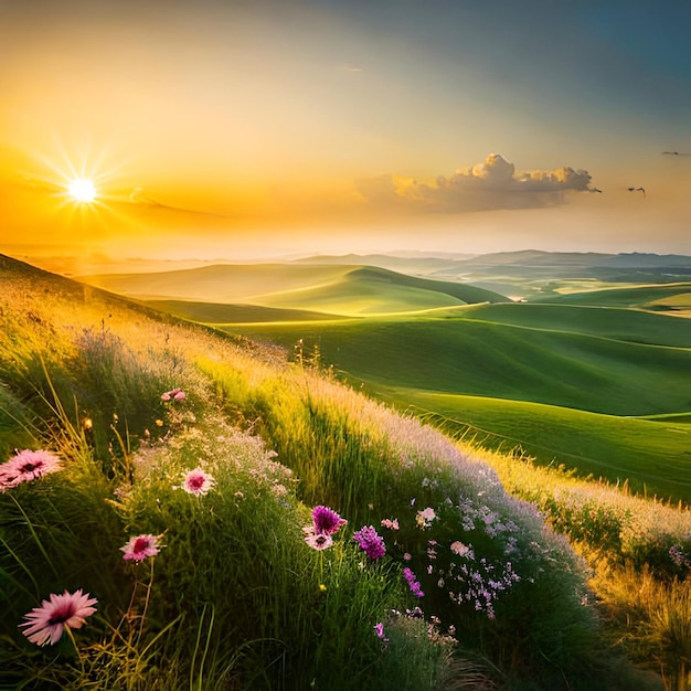 A landscape with a field of flowers and a sunset